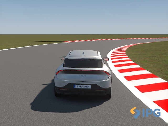 CarMaker simulation environment showing the electric vehicle model on a test track